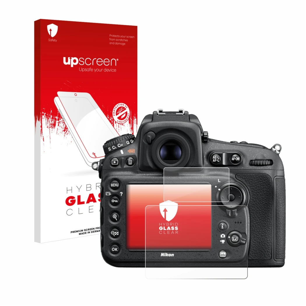 Face avant d’un emballage produit avec le logo de la marque upscreen. À côté, l’appareil Nikon D810 est représenté avec la pro