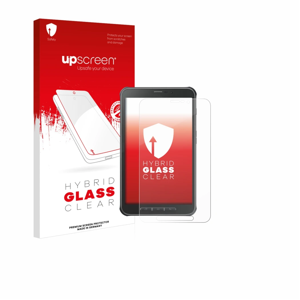Face avant d’un emballage produit avec le logo de la marque upscreen. À côté, l’appareil Samsung Galaxy Tab Active SM-T365 est