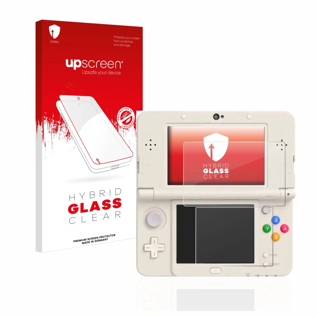 Face avant d’un emballage produit avec le logo de la marque upscreen. À côté, l’appareil Nintendo New 3DS est représenté avec