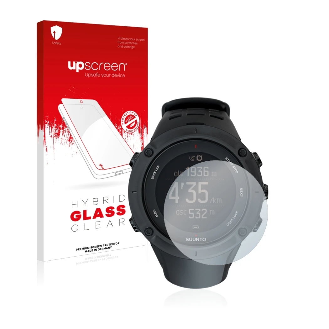 Face avant d’un emballage produit avec le logo de la marque upscreen. À côté, l’appareil Suunto Ambit3 Peak Black est représen
