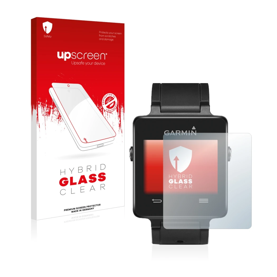 Face avant d’un emballage produit avec le logo de la marque upscreen. À côté, l’appareil Garmin vivoactive est représenté avec