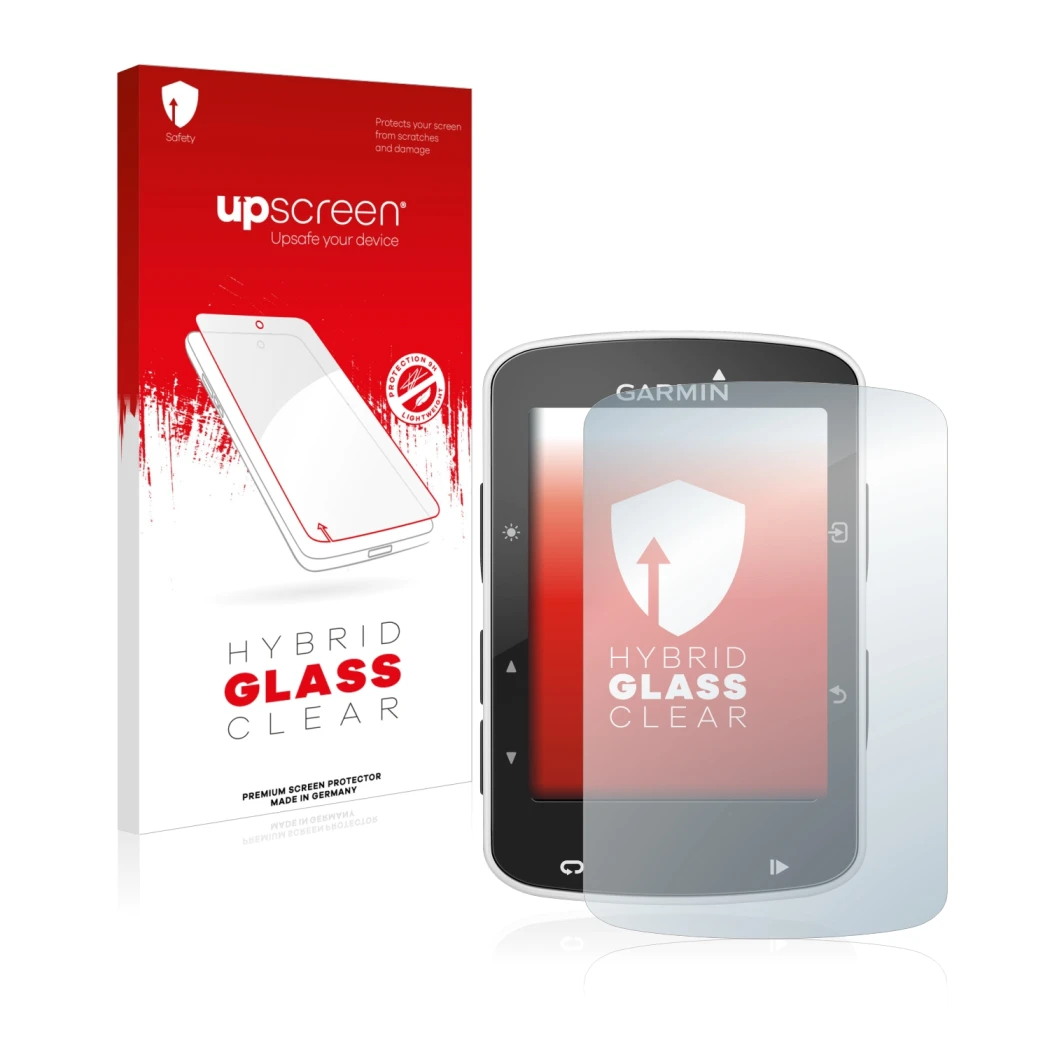 Face avant d’un emballage produit avec le logo de la marque upscreen. À côté, l’appareil Garmin Edge 520 est représenté avec l