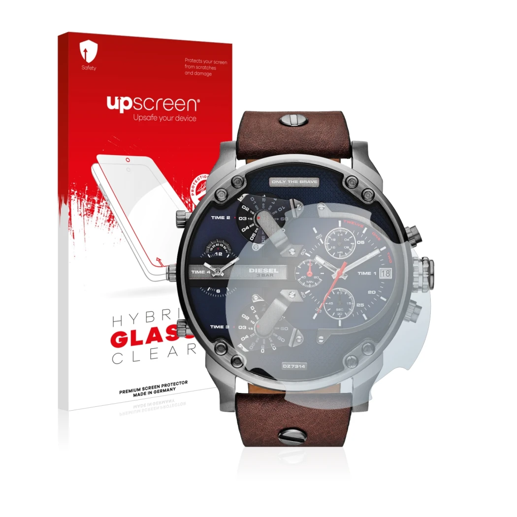 Face avant d’un emballage produit avec le logo de la marque upscreen. À côté, l’appareil Diesel DZ7314 Mr. Daddy est représent