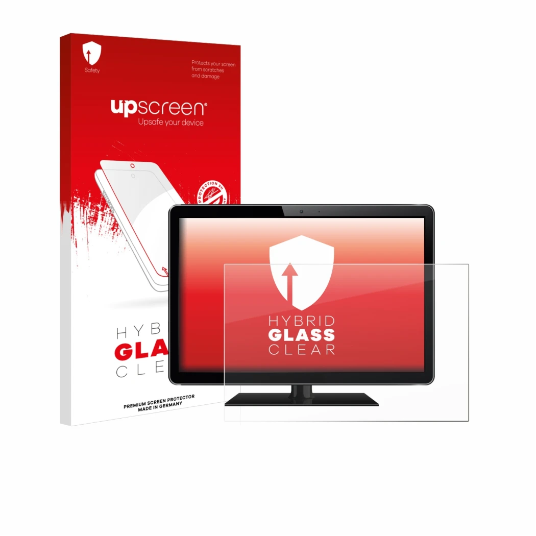 Face avant d’un emballage produit avec le logo de la marque upscreen. À côté, l’appareil est représenté avec la protection d’é