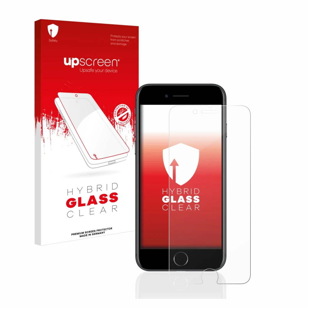 Face avant d’un emballage produit avec le logo de la marque upscreen. À côté, l’appareil Apple iPhone 7 est représenté avec la