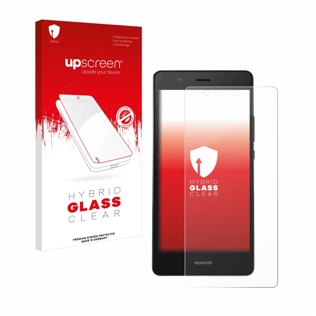 Face avant d’un emballage produit avec le logo de la marque upscreen. À côté, l’appareil Huawei P9 est représenté avec la prot