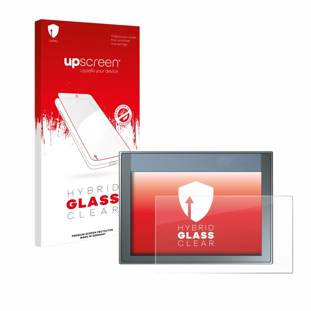 Face avant d’un emballage produit avec le logo de la marque upscreen. À côté, l’appareil Siemens Simatic HMI KTP 700 Basic est