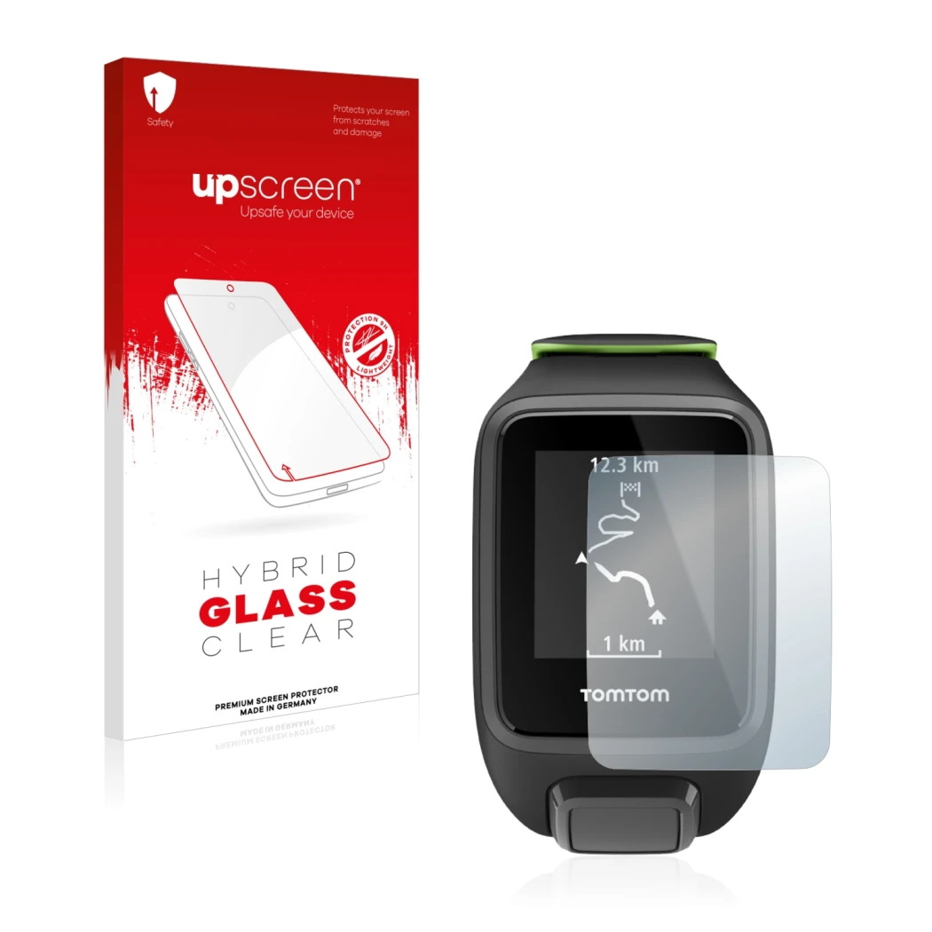 Face avant d’un emballage produit avec le logo de la marque upscreen. À côté, l’appareil TomTom Runner 3 est représenté avec l