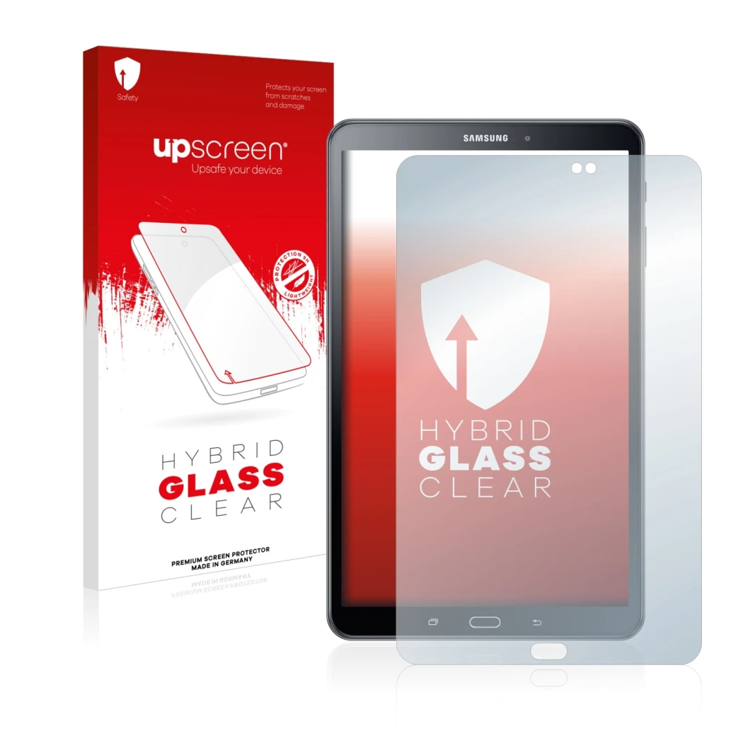 Face avant d’un emballage produit avec le logo de la marque upscreen. À côté, l’appareil Samsung Galaxy Tab A 10.1 2016 est re