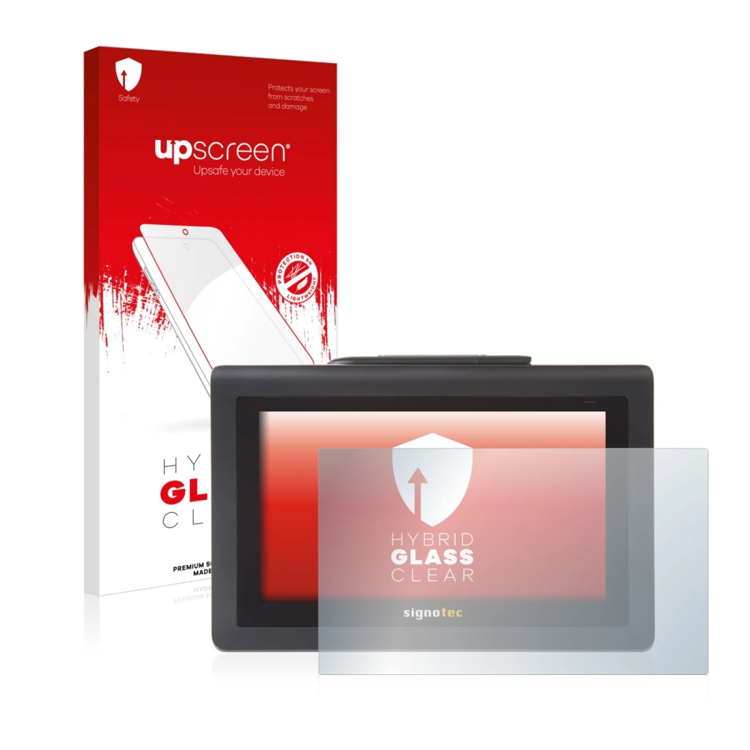 Face avant d’un emballage produit avec le logo de la marque upscreen. À côté, l’appareil Signotec Signature Pad Delta est repr