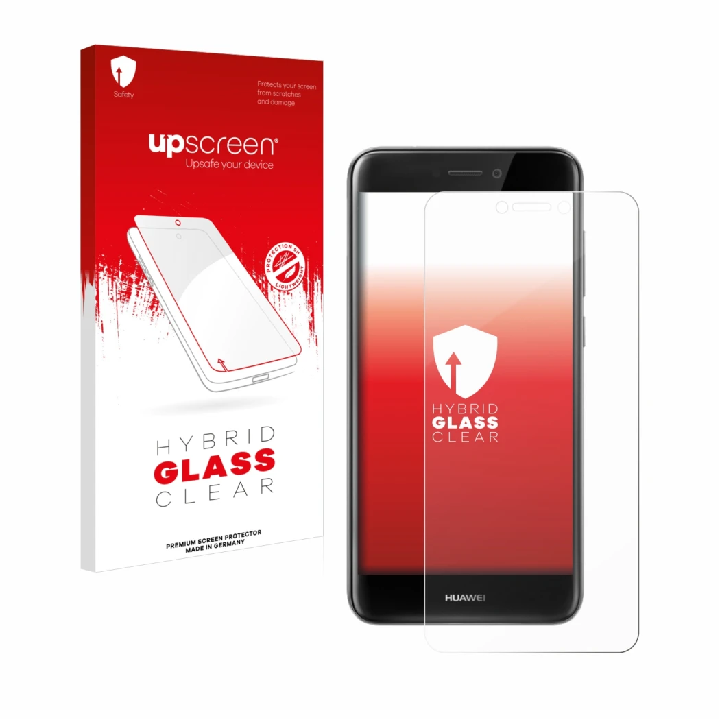 Face avant d’un emballage produit avec le logo de la marque upscreen. À côté, l’appareil Huawei P8 Lite 2017 est représenté av