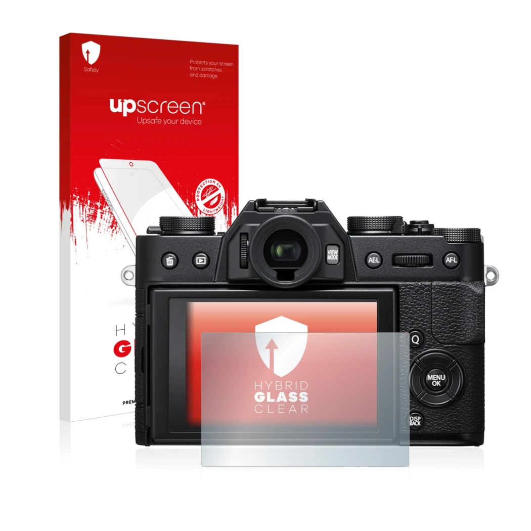 Face avant d’un emballage produit avec le logo de la marque upscreen. À côté, l’appareil Fujifilm X-T20 est représenté avec la