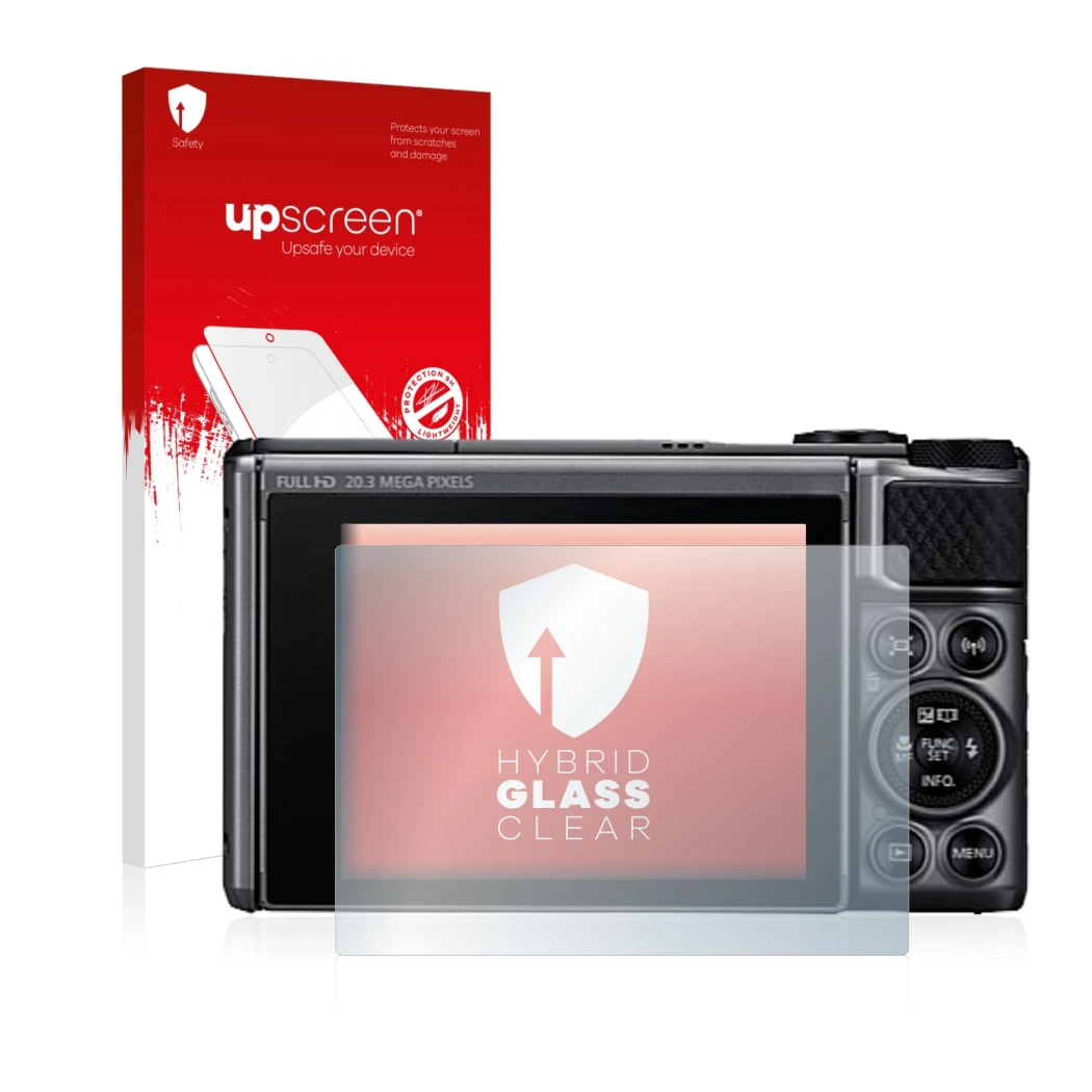 Face avant d’un emballage produit avec le logo de la marque upscreen. À côté, l’appareil Canon PowerShot SX730 HS est représen