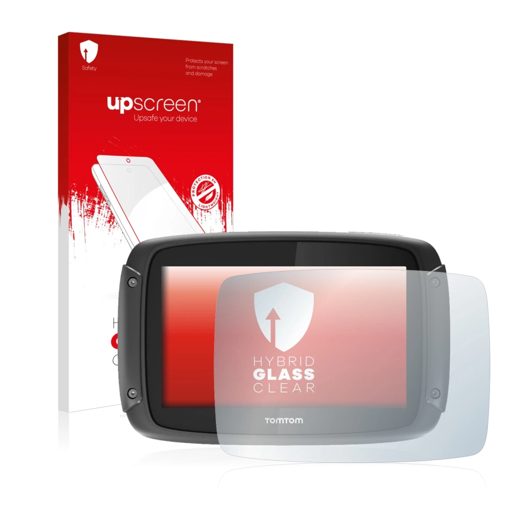 Face avant d’un emballage produit avec le logo de la marque upscreen. À côté, l’appareil TomTom Rider 450 est représenté avec 
