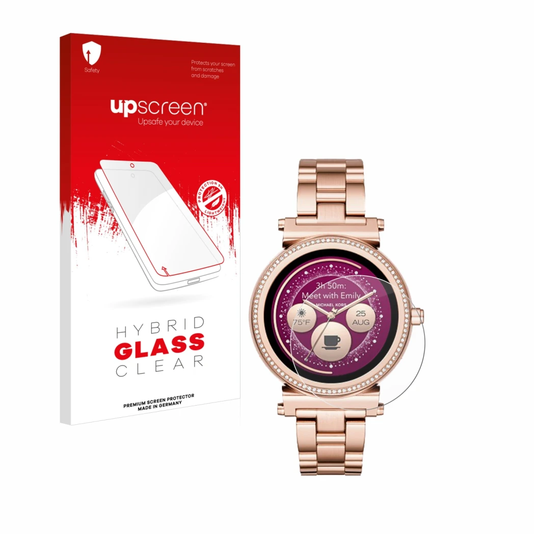 Face avant d’un emballage produit avec le logo de la marque upscreen. À côté, l’appareil Michael Kors Access Sofie est représe