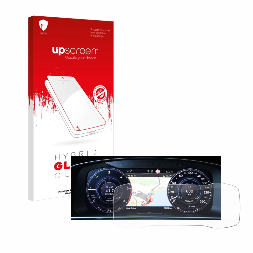 Face avant d’un emballage produit avec le logo de la marque upscreen. À côté, l’appareil Volkswagen Golf 7 Active Info Chockpi