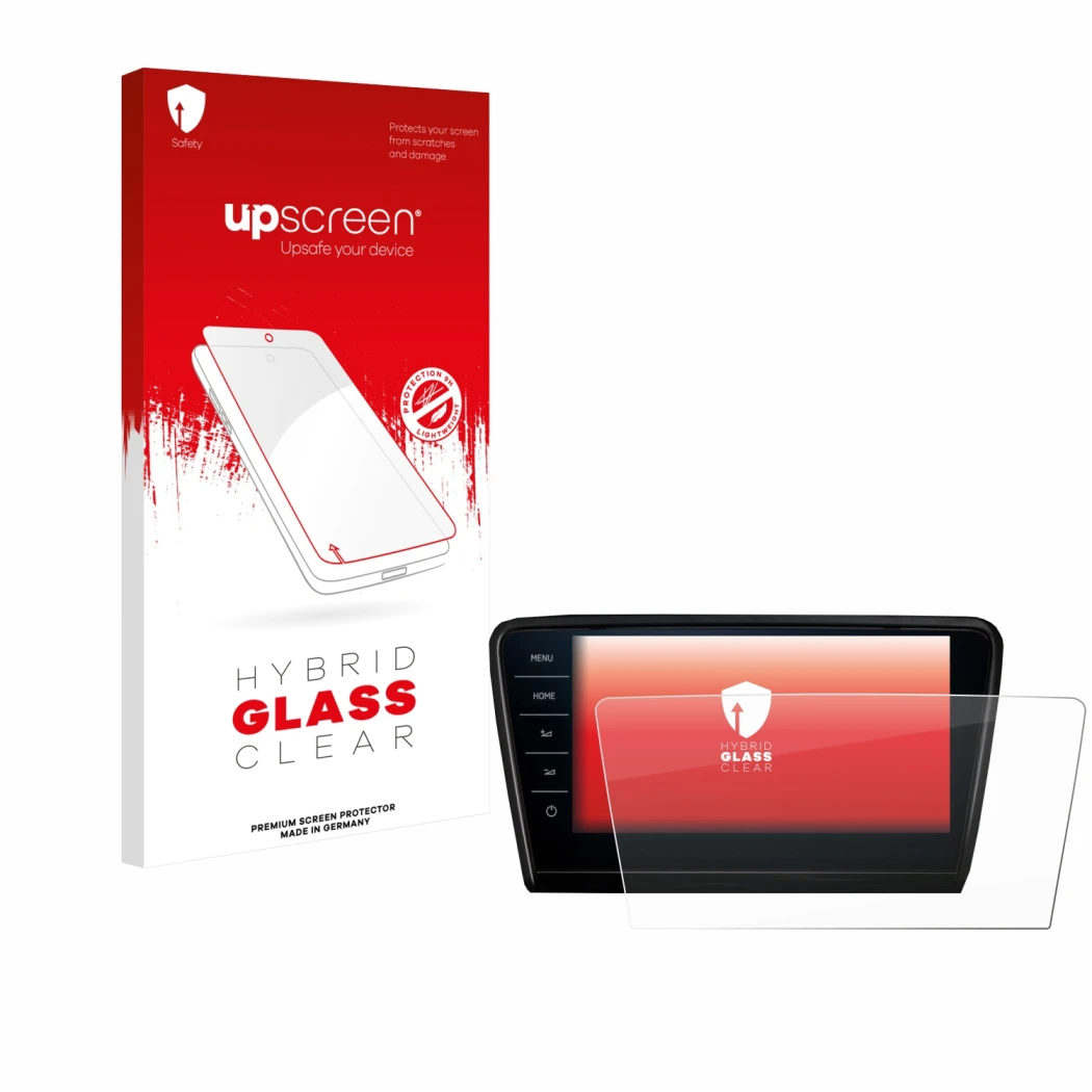 Face avant d’un emballage produit avec le logo de la marque upscreen. À côté, l’appareil Skoda Octavia 2017 Infotainment Syste