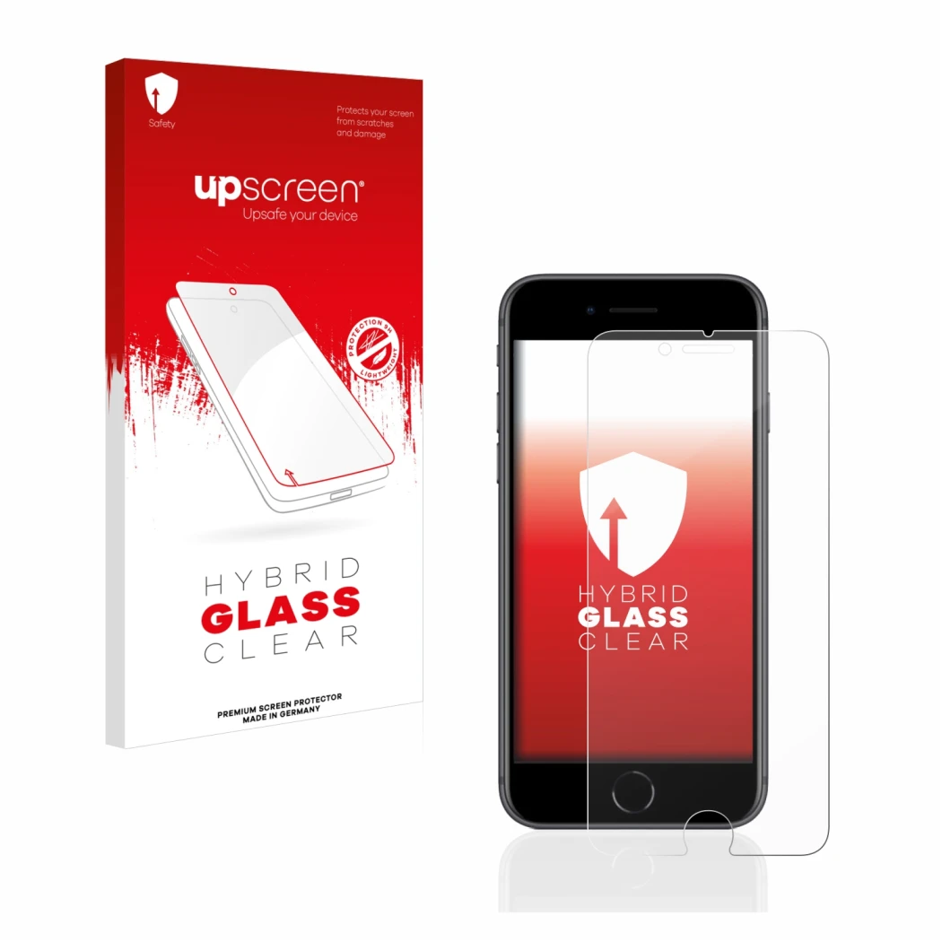 Face avant d’un emballage produit avec le logo de la marque upscreen. À côté, l’appareil Apple iPhone 8 est représenté avec la