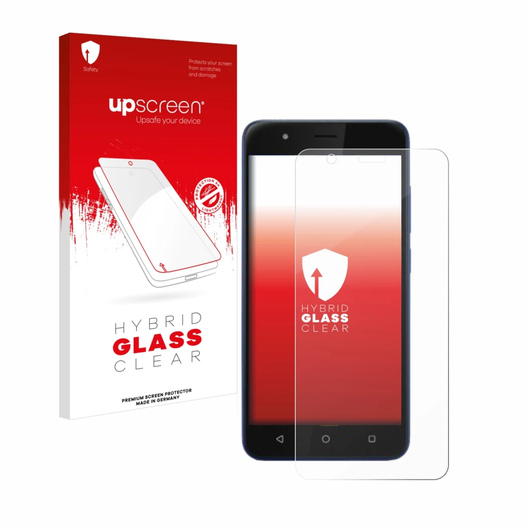 Face avant d’un emballage produit avec le logo de la marque upscreen. À côté, l’appareil Gigaset GS270 plus est représenté ave