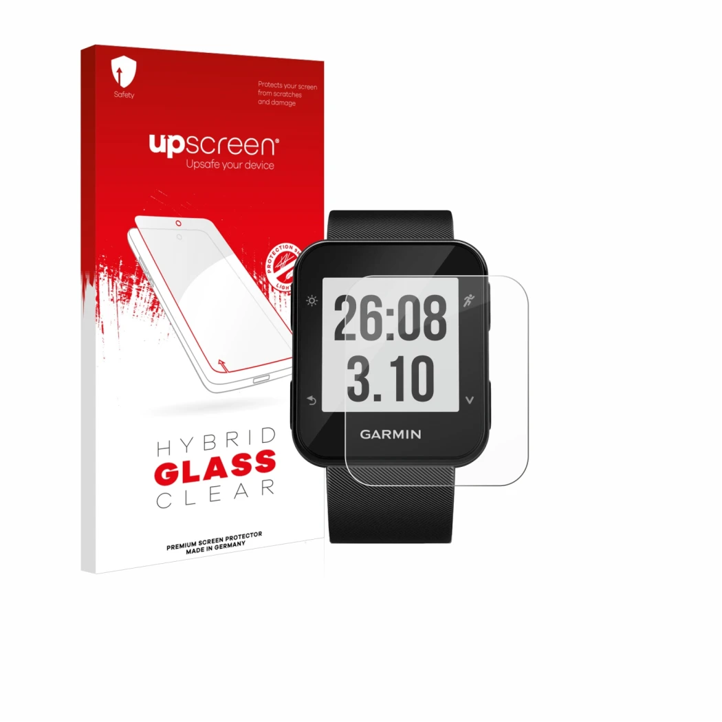 Face avant d’un emballage produit avec le logo de la marque upscreen. À côté, l’appareil Garmin Forerunner 30 est représenté a