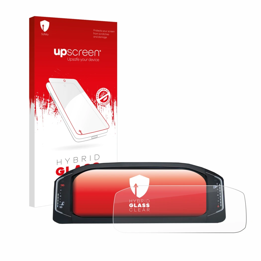 Face avant d’un emballage produit avec le logo de la marque upscreen. À côté, l’appareil Volkswagen Active Info Display T-Roc 