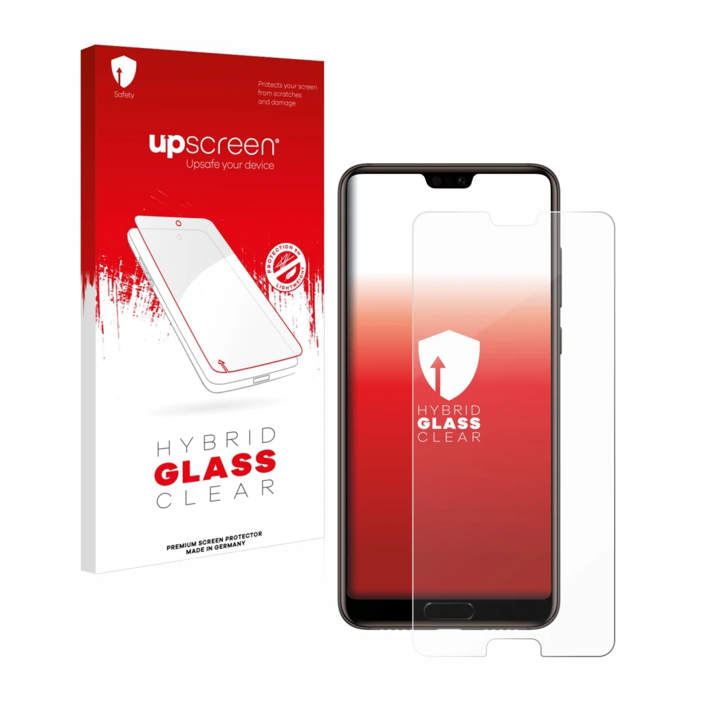 Face avant d’un emballage produit avec le logo de la marque upscreen. À côté, l’appareil Huawei P20 est représenté avec la pro