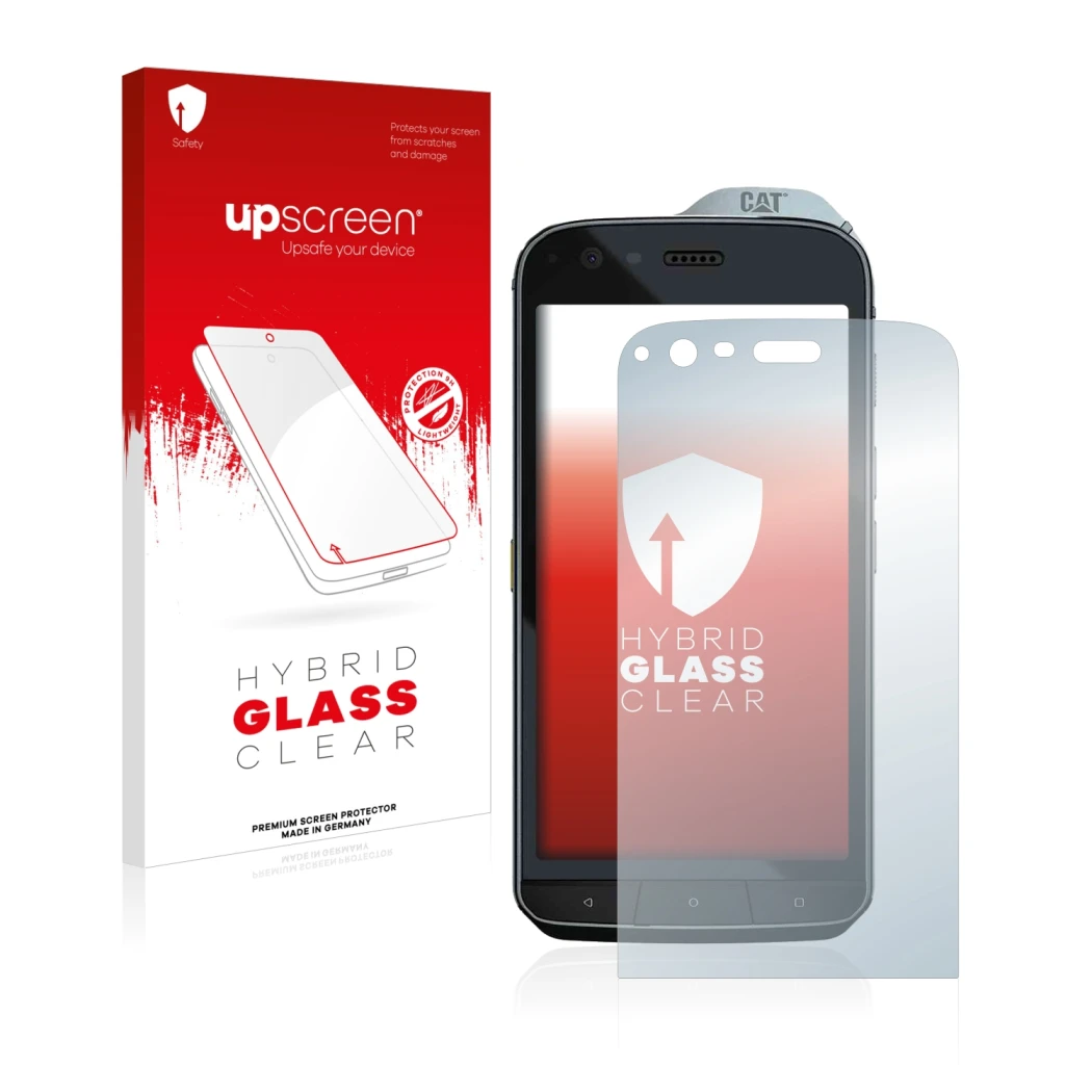 Face avant d’un emballage produit avec le logo de la marque upscreen. À côté, l’appareil Caterpillar Cat S61 est représenté av