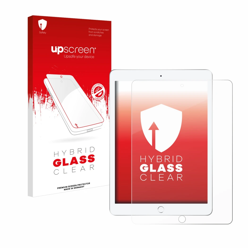 Face avant d’un emballage produit avec le logo de la marque upscreen. À côté, l’appareil Apple iPad 9.7