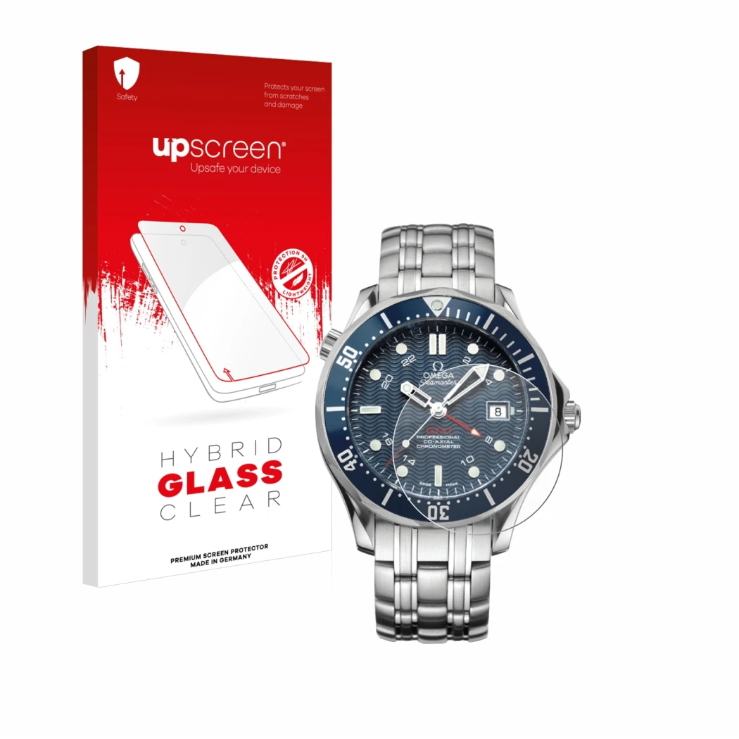 Face avant d’un emballage produit avec le logo de la marque upscreen. À côté, l’appareil Omega Seamaster Diver (41 mm) est rep