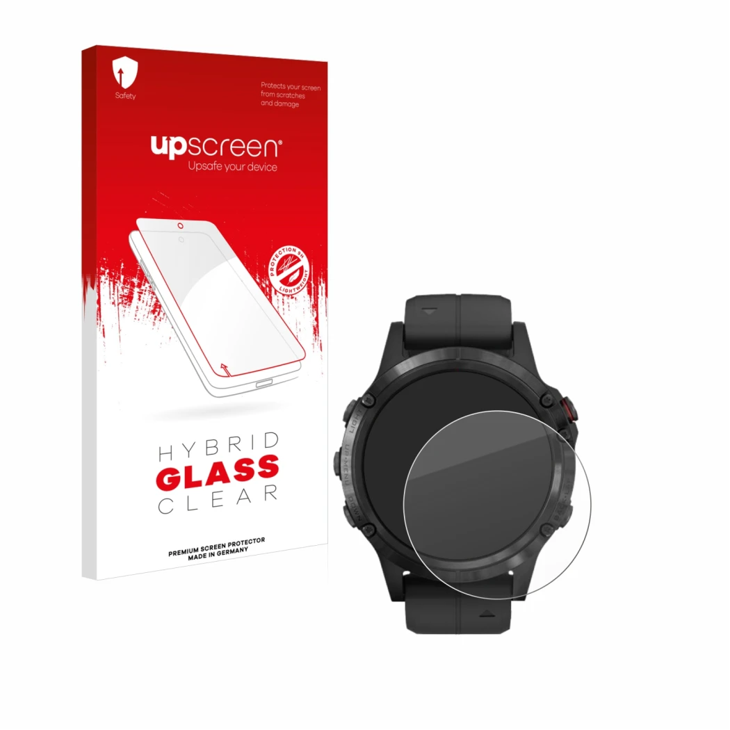 Face avant d’un emballage produit avec le logo de la marque upscreen. À côté, l’appareil Garmin Fenix 5 Plus (47 mm) est repré