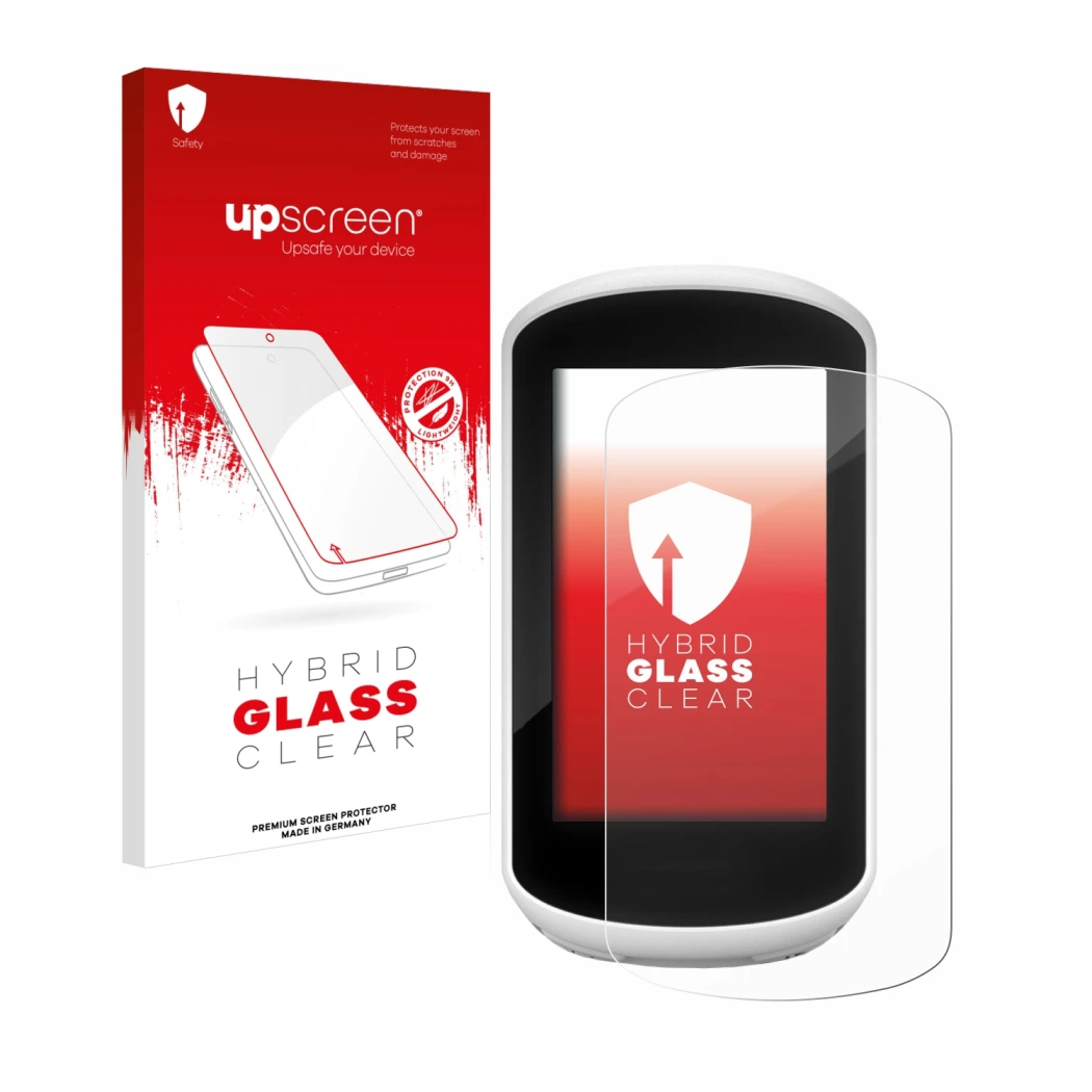 Face avant d’un emballage produit avec le logo de la marque upscreen. À côté, l’appareil Garmin Edge Explore 2018 est représen