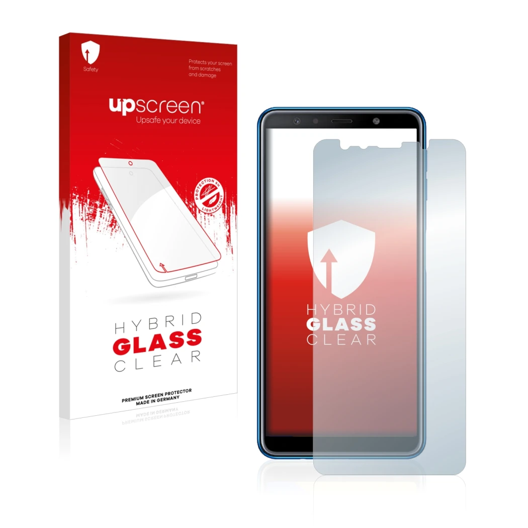 Face avant d’un emballage produit avec le logo de la marque upscreen. À côté, l’appareil Samsung Galaxy A7 2018 est représenté