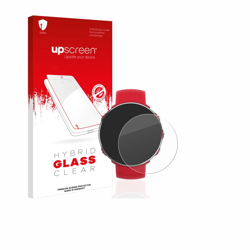 Face avant d’un emballage produit avec le logo de la marque upscreen. À côté, l’appareil Polar Vantage M est représenté avec l