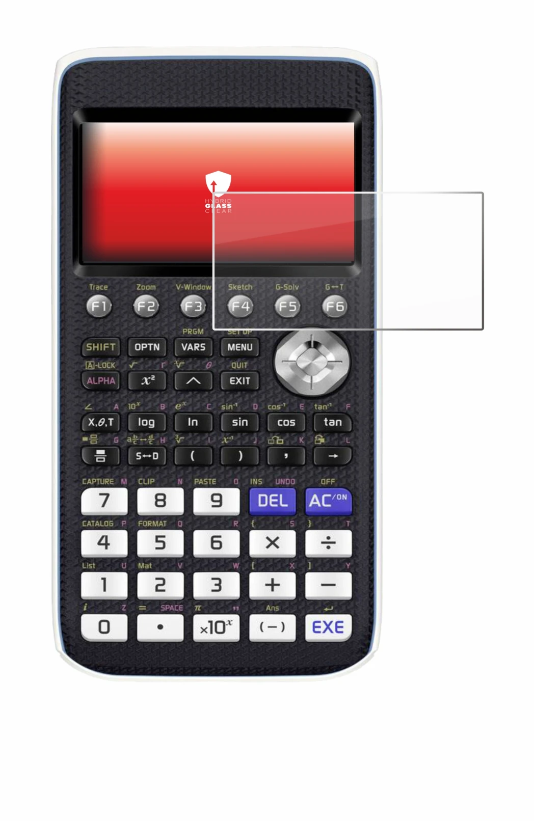 Image de l'appareil Casio FX-CG50 avec une grande variété de protections d'écran.