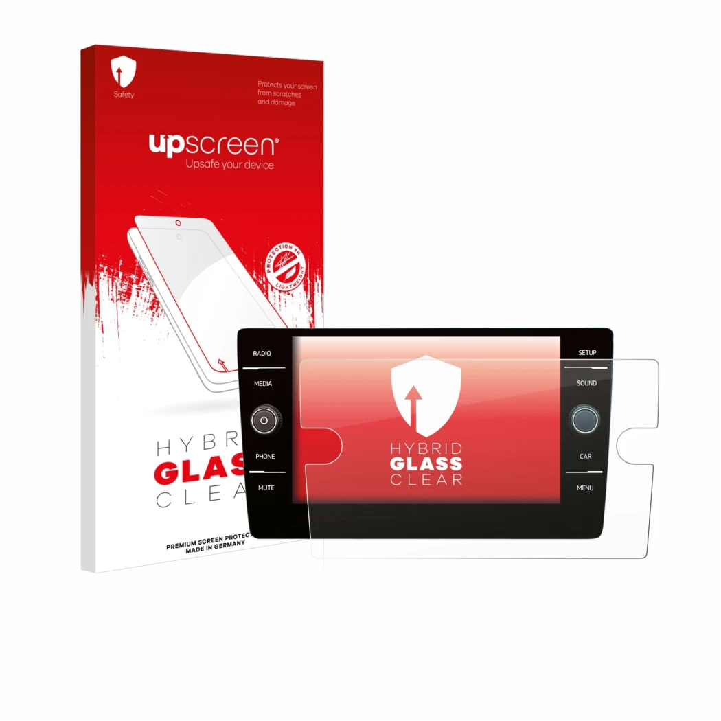 Face avant d’un emballage produit avec le logo de la marque upscreen. À côté, l’appareil Volkswagen Golf 7 2019 Discover Media