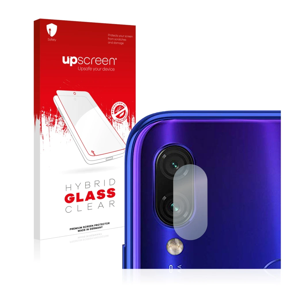 Face avant d’un emballage produit avec le logo de la marque upscreen. À côté, l’appareil Xiaomi Redmi Note 7 (Caméra UNIQUEMEN