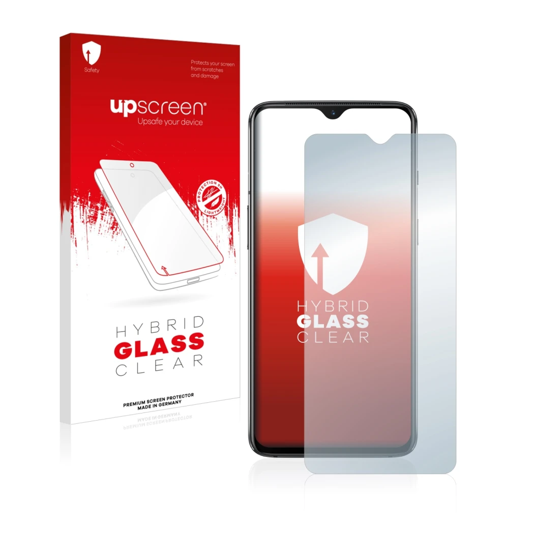 Face avant d’un emballage produit avec le logo de la marque upscreen. À côté, l’appareil OnePlus 7 est représenté avec la prot
