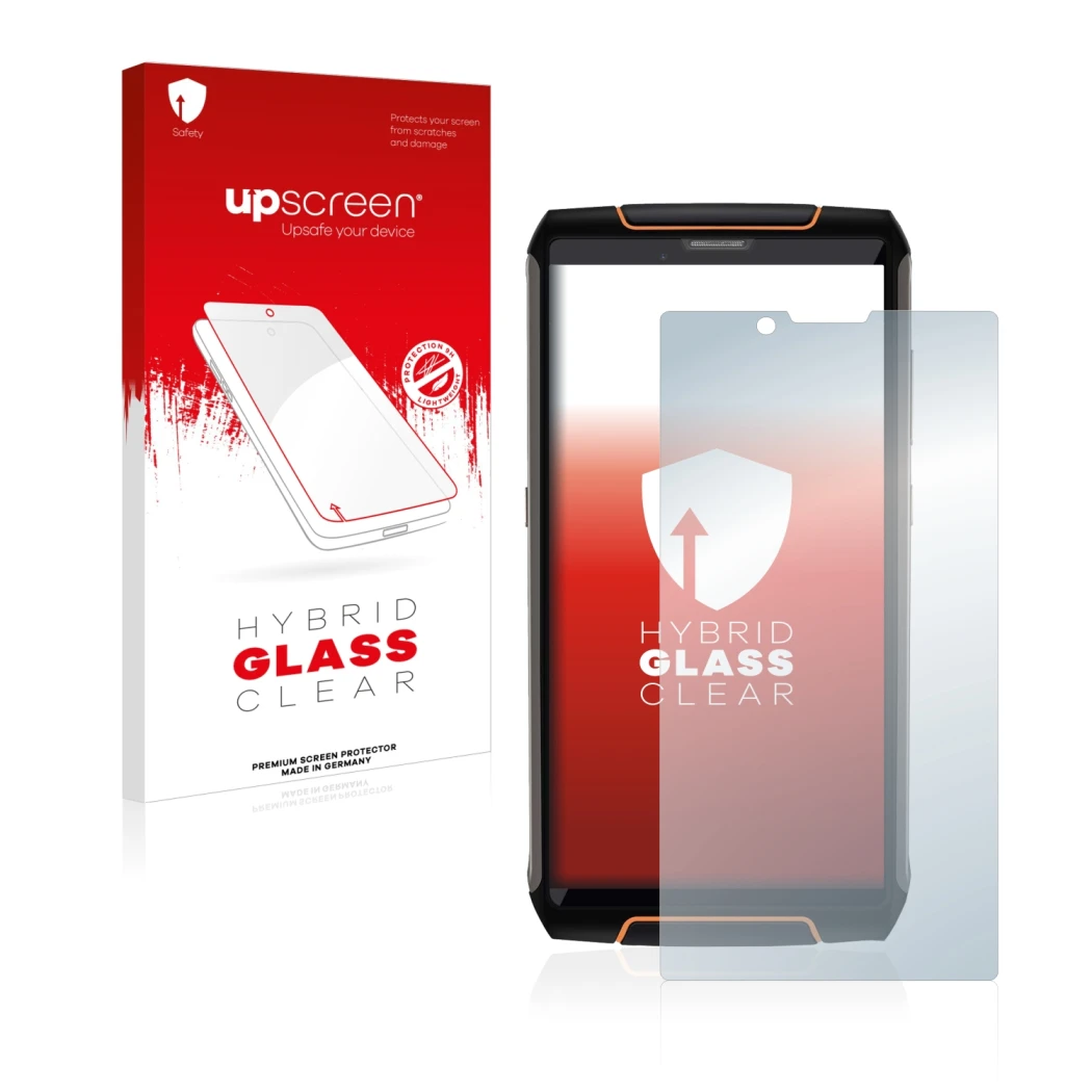 Face avant d’un emballage produit avec le logo de la marque upscreen. À côté, l’appareil Cubot King Kong 3 est représenté avec