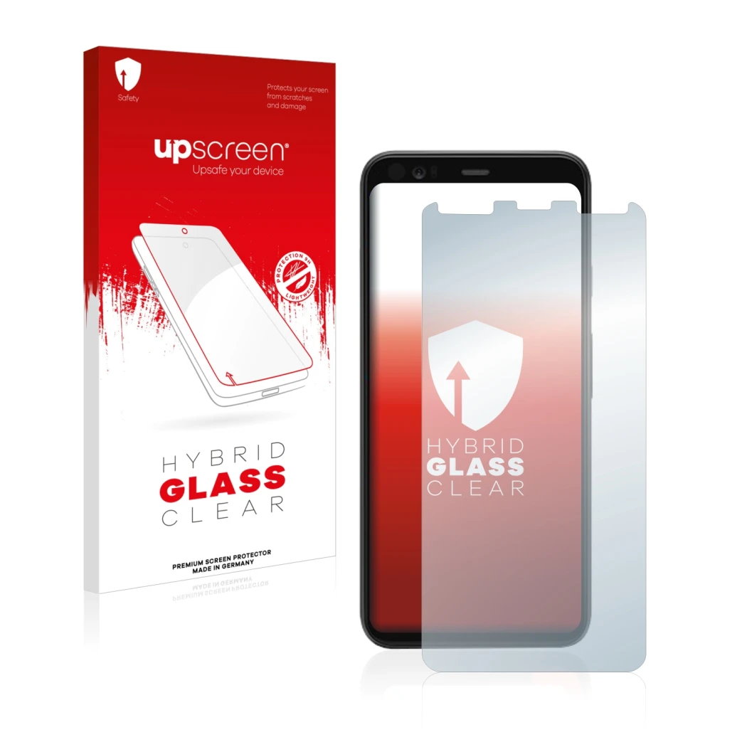 Face avant d’un emballage produit avec le logo de la marque upscreen. À côté, l’appareil Google Pixel 4 est représenté avec la