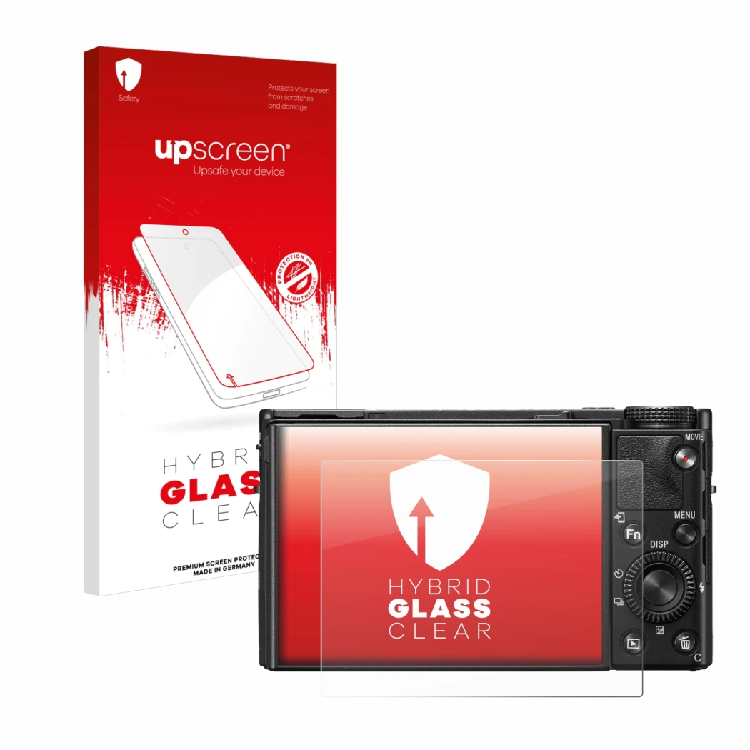 Face avant d’un emballage produit avec le logo de la marque upscreen. À côté, l’appareil Sony Cyber-Shot DSC-RX100 VII est rep