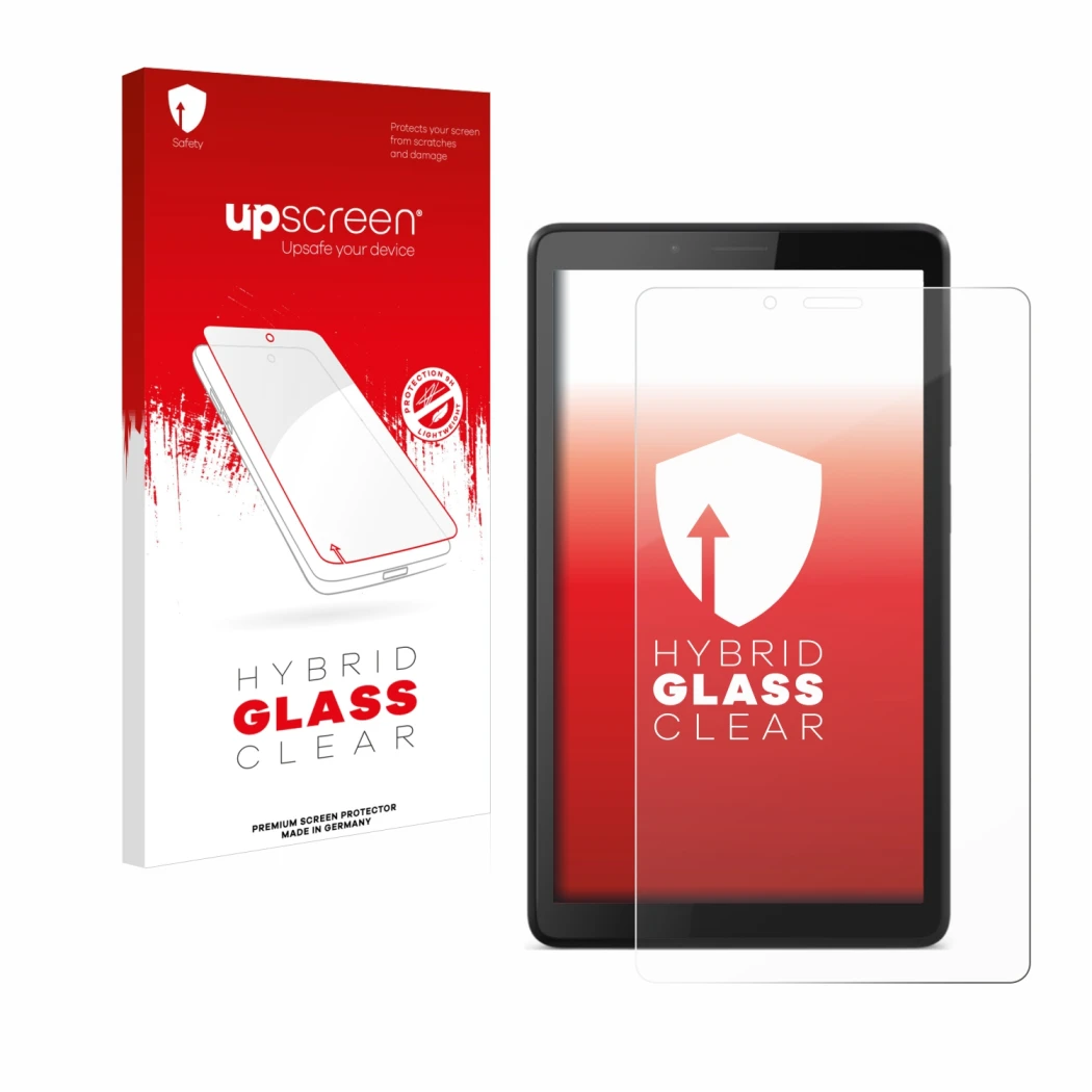 Face avant d’un emballage produit avec le logo de la marque upscreen. À côté, l’appareil Lenovo Tab M7 est représenté avec la 