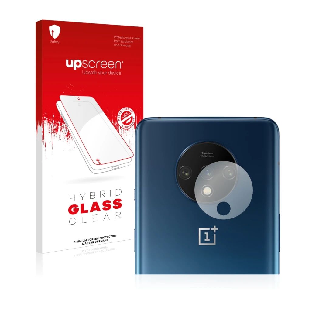 Face avant d’un emballage produit avec le logo de la marque upscreen. À côté, l’appareil OnePlus 7T (Caméra UNIQUEMENT) est re
