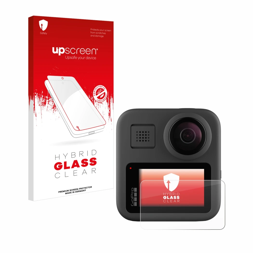 Face avant d’un emballage produit avec le logo de la marque upscreen. À côté, l’appareil GoPro Max est représenté avec la prot