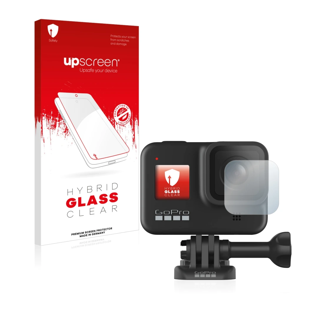 Face avant d’un emballage produit avec le logo de la marque upscreen. À côté, l’appareil GoPro Hero 8 Black (Lentille) est rep