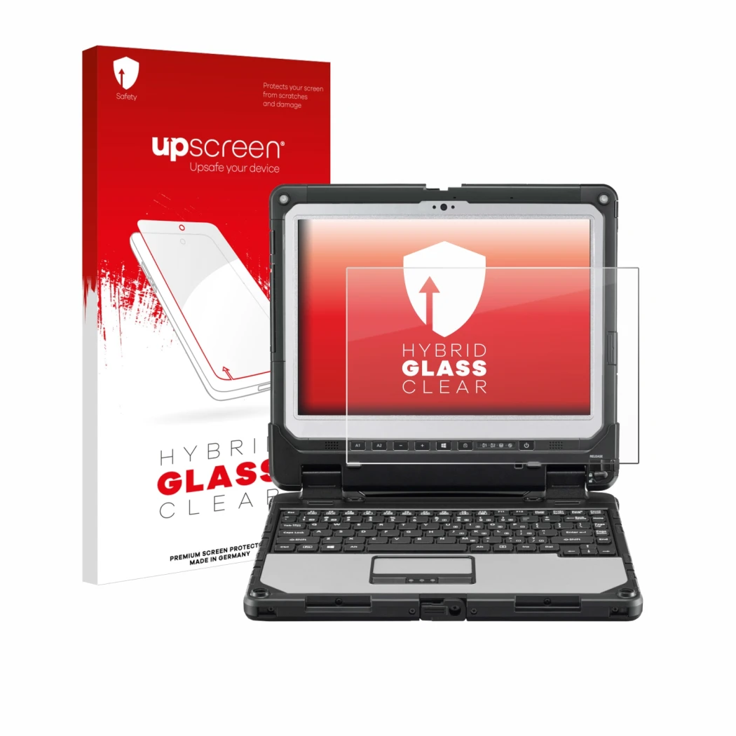 Face avant d’un emballage produit avec le logo de la marque upscreen. À côté, l’appareil Panasonic Toughbook CF-33 est représe