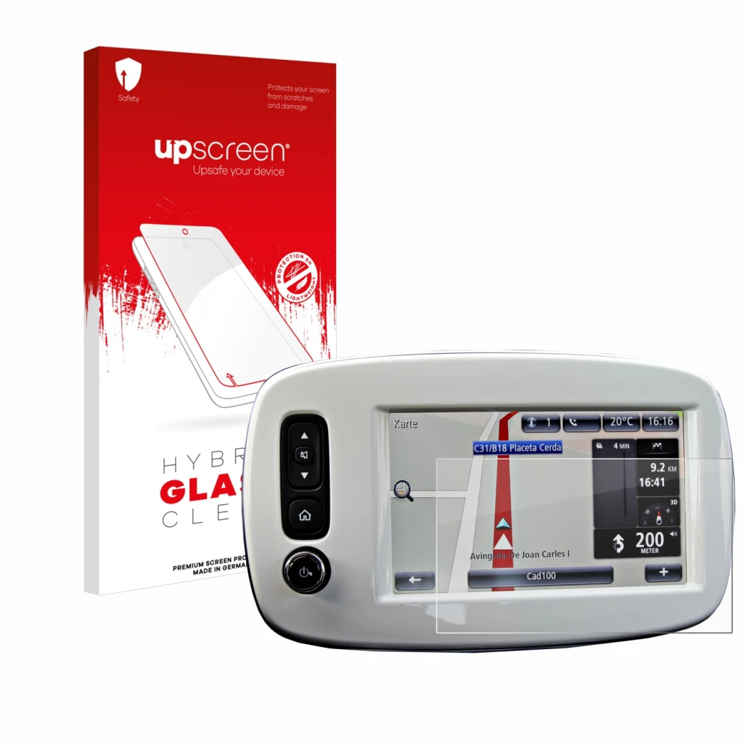 Face avant d’un emballage produit avec le logo de la marque upscreen. À côté, l’appareil TomTom Smart 453 2018 est représenté 