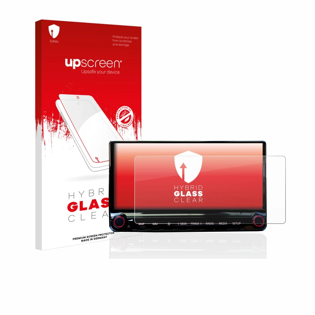 Face avant d’un emballage produit avec le logo de la marque upscreen. À côté, l’appareil Kia XCeed 2019 Infotainment System 10