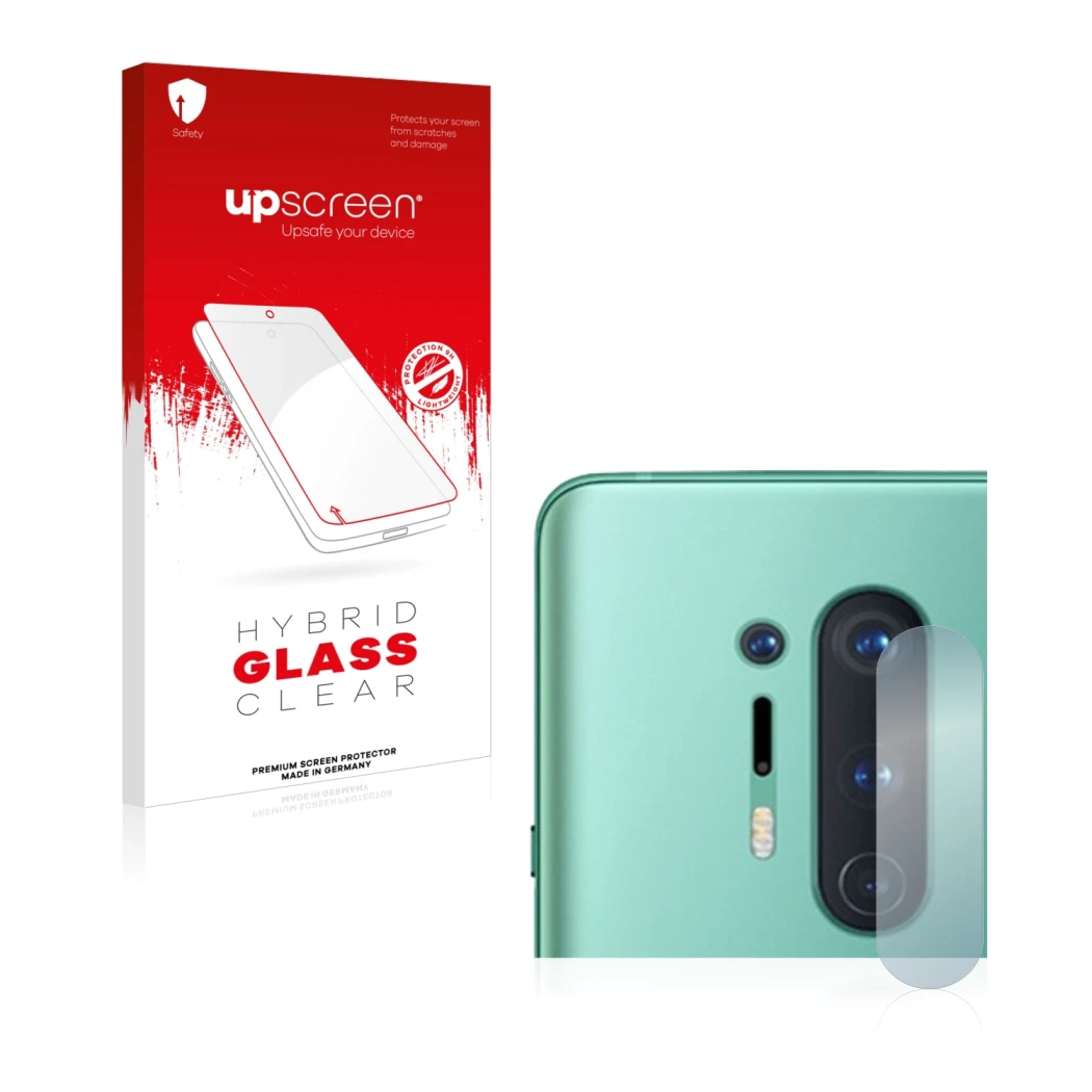 Face avant d’un emballage produit avec le logo de la marque upscreen. À côté, l’appareil OnePlus 8 Pro (Caméra UNIQUEMENT) est