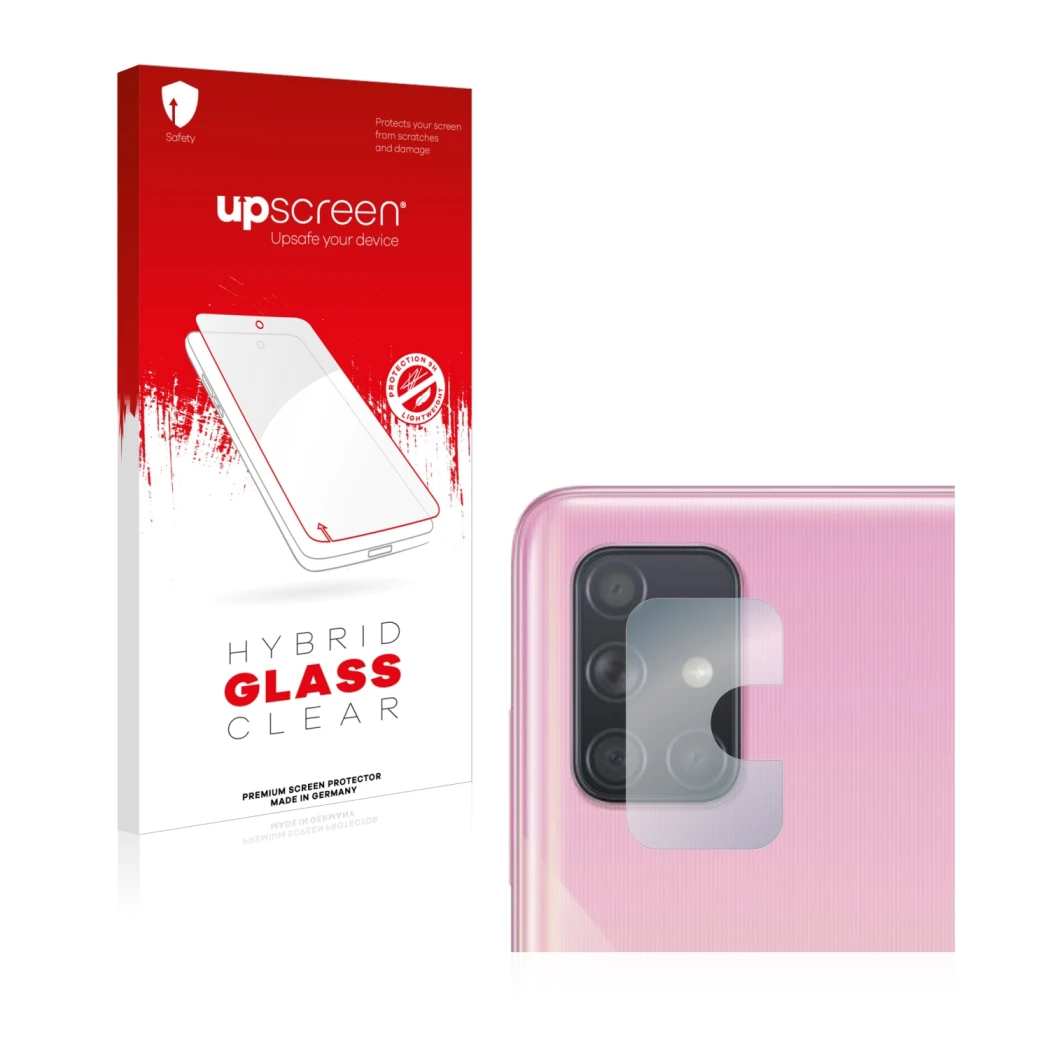 Face avant d’un emballage produit avec le logo de la marque upscreen. À côté, l’appareil Samsung Galaxy A71 (Caméra UNIQUEMENT