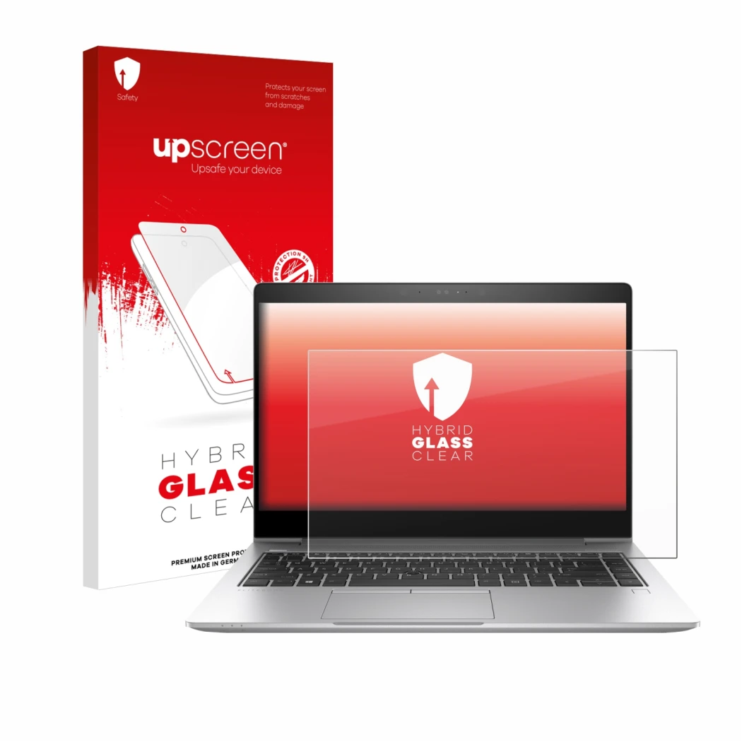 Face avant d’un emballage produit avec le logo de la marque upscreen. À côté, l’appareil HP EliteBook 840 G6 est représenté av